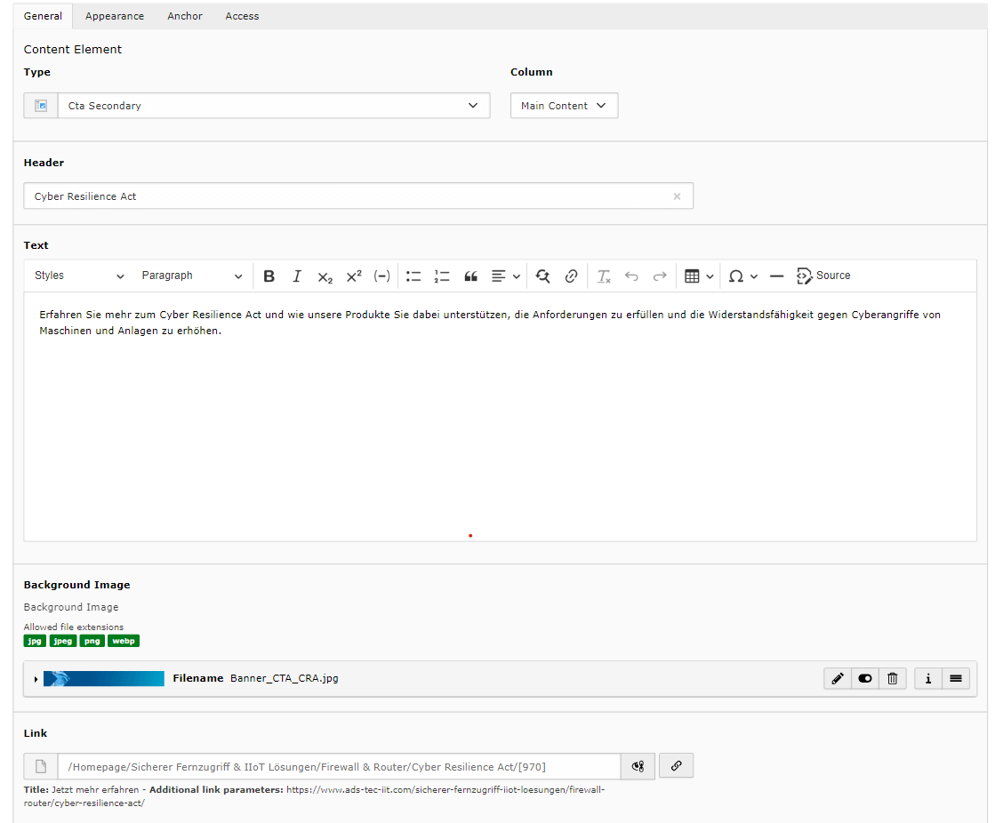 TYPO3 adding content example